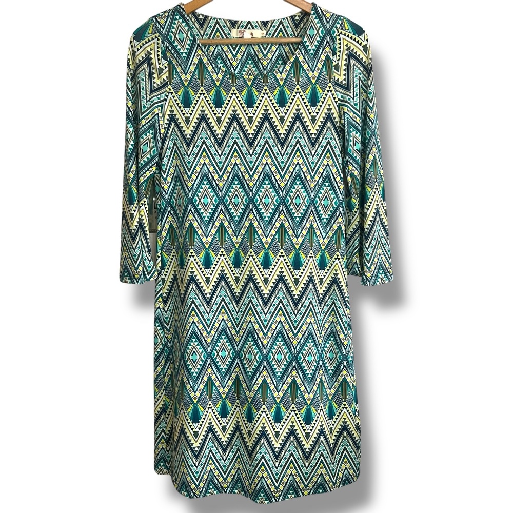 Aryeh Anthropologie Sz Small Geometric  Shift Dress Green Blue Flare Sleeve‎